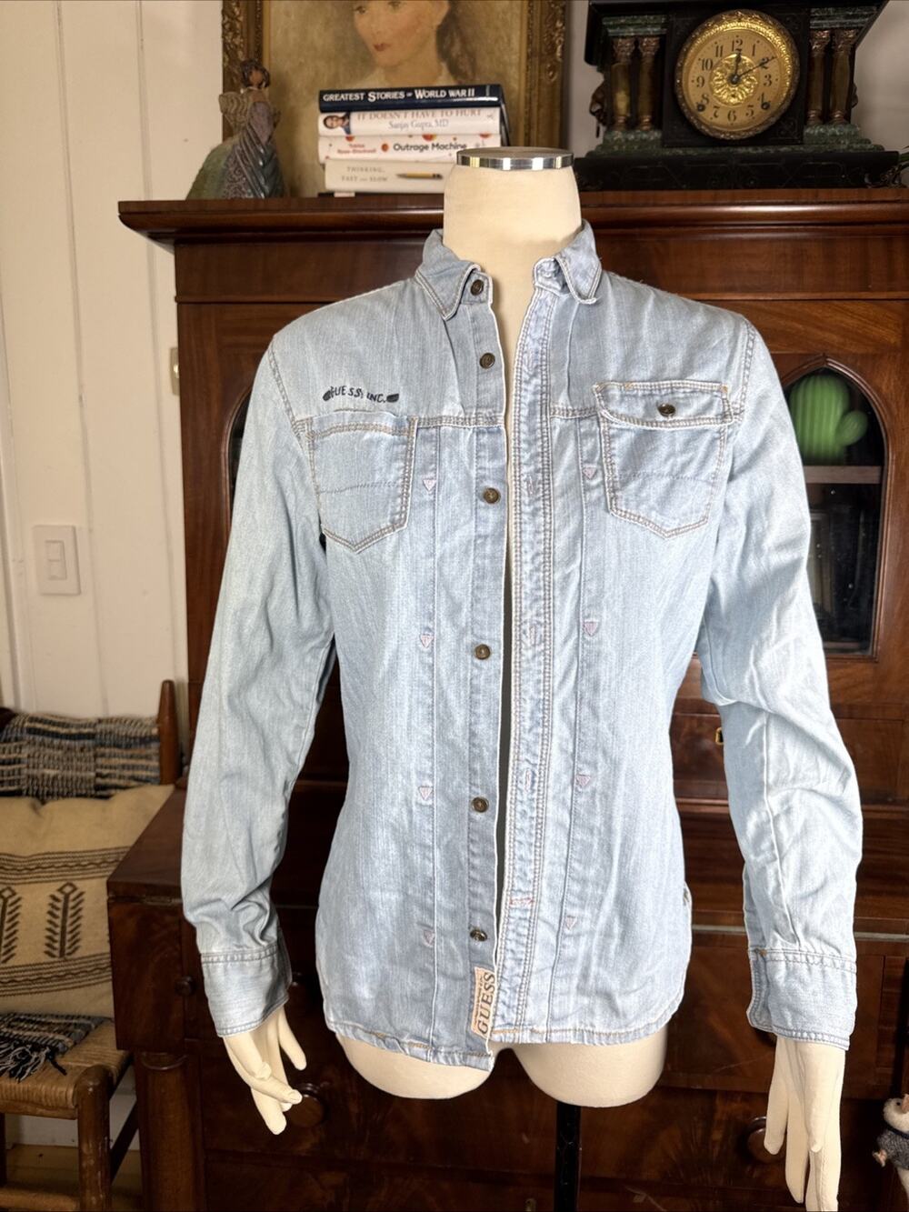 Vintage 90s "Guess Inc." Denim Shirt Light Wash Button Up Long Sleeve Logo